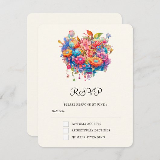Zomer Bloem Boeket Whimsical Boho Bruiloft RSVP Kaartje (Voorkant / Achterkant)