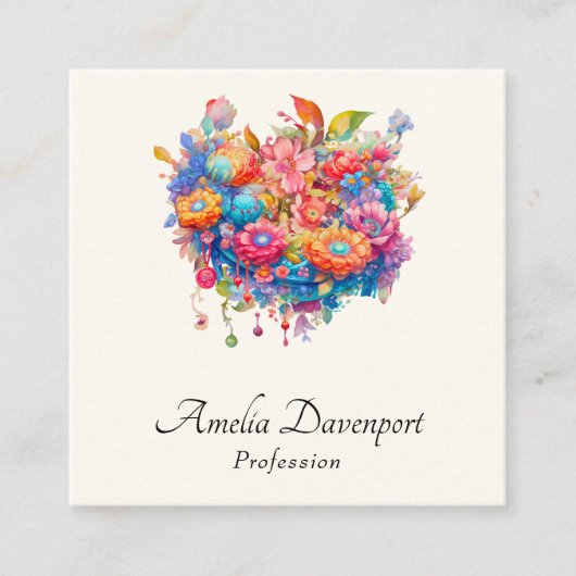 Zomer Bloem Boeket Whimsical Boho Vierkante Visitekaartje (Voorkant)