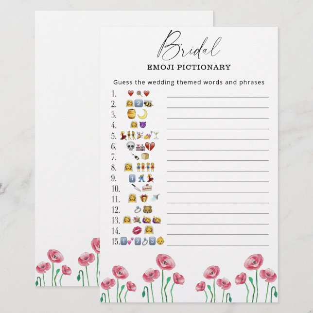 Zomer bloem bruiloftsshower emoji pictionary spel (Voorkant / Achterkant)
