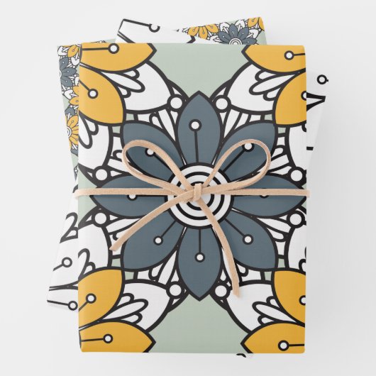 Zomer Bloem Patroon Geel Grijs Inpakpapier Vel (In situ)