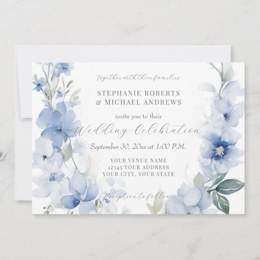 Zomer Bloemen Blauw en Wit Elegant Bruiloft Kaart (Voorkant)