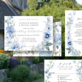 Zomer Bloemen Blauw en Wit Elegant Bruiloft Kaart