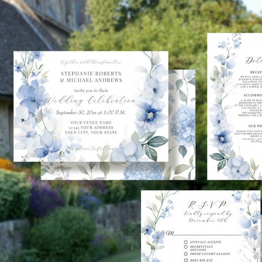 Zomer Bloemen Blauw en Wit Elegant Bruiloft Kaart