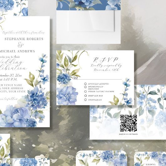 Zomer Bloemen Blauw en Wit Elegant Bruiloft RSVP Kaartje