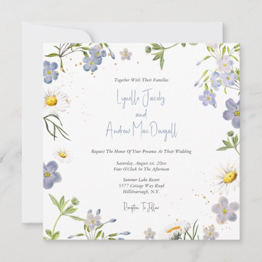 Zomer Bloemen Blauw Huwelijksuitnodiging Kaart (Voorkant)