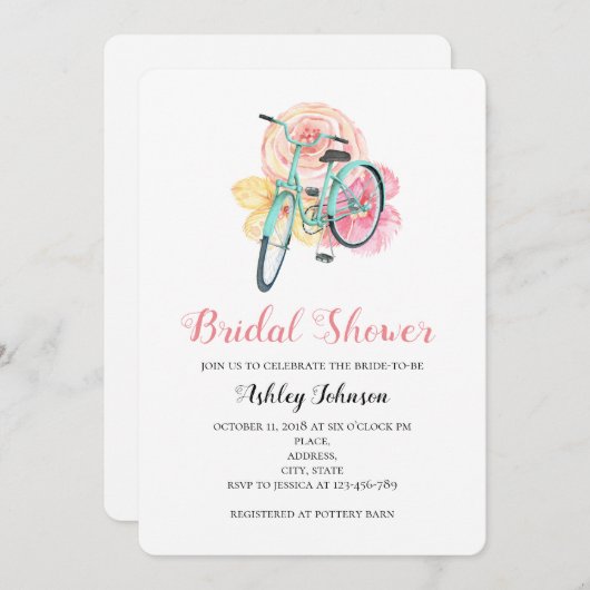 Zomer bloemen bruids douche uitnodiging. fiets kaart (Voorkant / Achterkant)