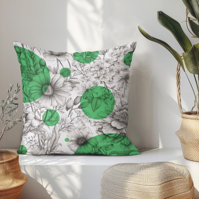 Zomer Bloemen decoratief Kelly Green Retro pioenen Kussen (Modern floral throw pillow with black and white sketch flowers and kelly green retro circles.)