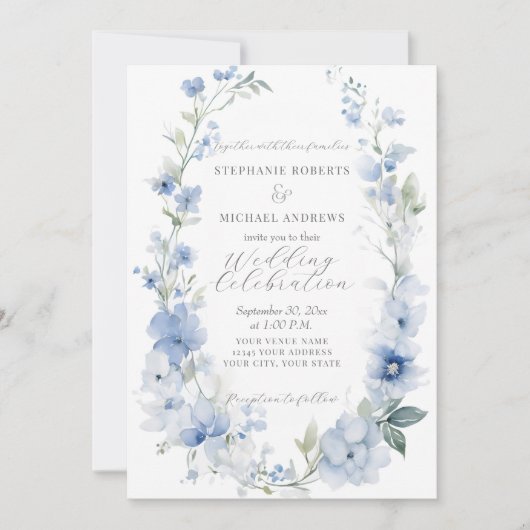 Zomer Bloemen Elegant Blauw en Wit Bruiloft Kaart (Voorkant)