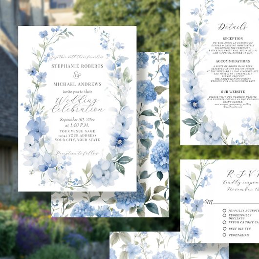 Zomer Bloemen Elegant Blauw en Wit Bruiloft Kaart