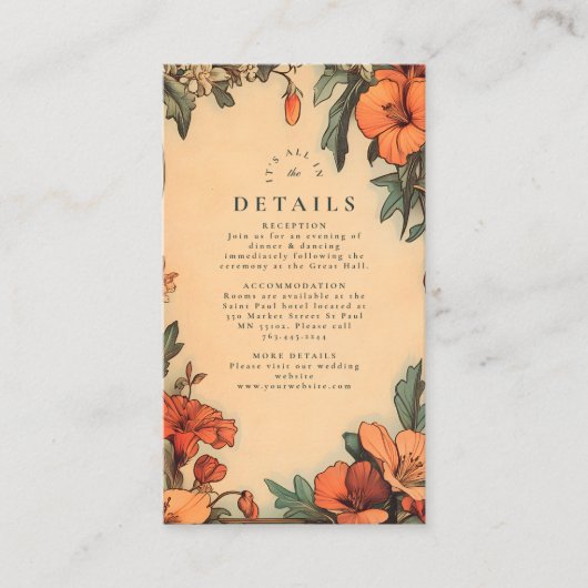 Zomer Bloemen Lijst Art Nouveau Huwelijk Informatiekaartje (Voorkant)