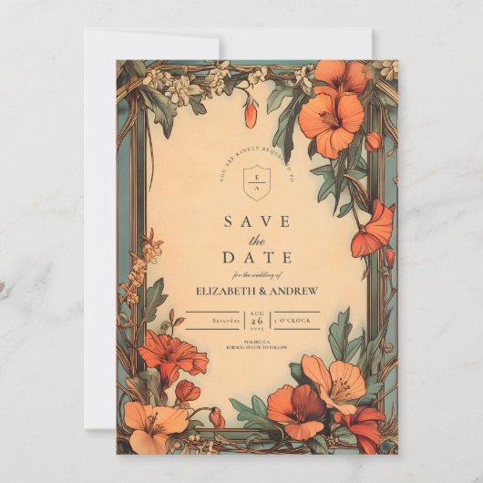 Zomer Bloemen Lijst Art Nouveau Huwelijk Save The Date (Voorkant)