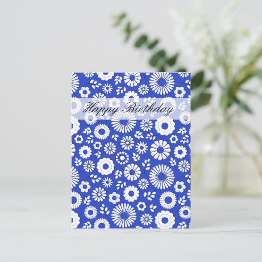 Zomer bloemendiepblauwe verjaardagskaart briefkaart (Staand voorkant)