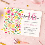 Zomer bloemenroze waterverf Sweet 16 foto Kaart<br><div class="desc">Een zachte heldere en gedurfde en meisjesachtige chic romantische Sweet 16 verjaardagsfeestuitnodiging,  elegante en moderne handgeschilderde lente- en zomeruitnodiging met prachtige roze,  groene en gele rozen en pioenenenkleuren en een modern elegant scriptlettertype,  dit is perfect voor een elegant meisjesfeest.,  voeg je 3 foto aan de achterkant toe</div>