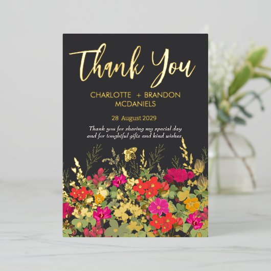 Zomer Bloementuin Wildbloemen Bruiloft Dank u Folie Uitnodiging (Staand Voorkant)