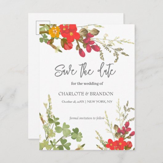 Zomer bloementuin wilde bloemen bruiloft  aankondigingskaart (Voorkant / Achterkant)