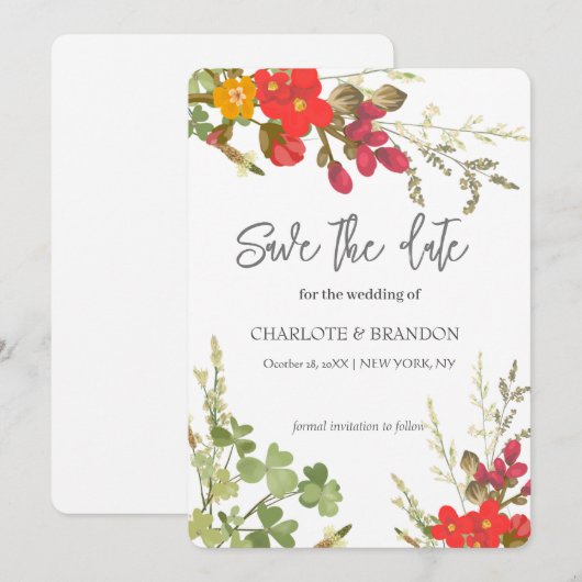 Zomer bloemrijke tuin wilde bloemen bruiloft save the date (Voorkant / Achterkant)