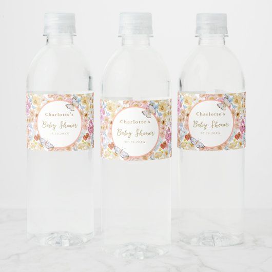 Zomer Bloom Bloemen Vlinder Baby shower Custom Waterfles Etiket (Flessen)