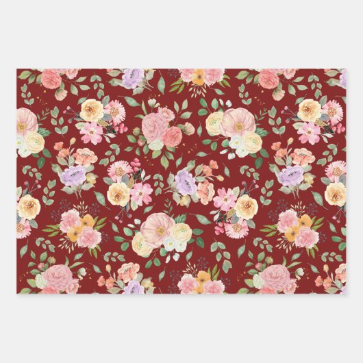 Zomer Boho Bloemen op Barn Red Inpakpapier Vel (Voorkant 2)