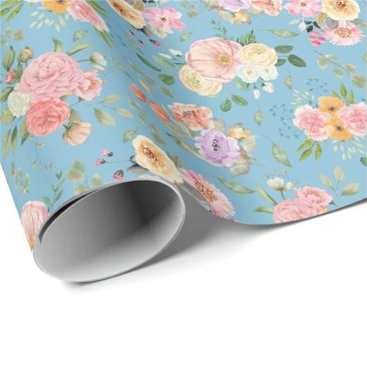 Zomer Boho Bloemen op Blauw Cadeaupapier (Rol Hoek)