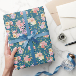 Zomer Boho Bloemen op Donkerblauw Cadeaupapier