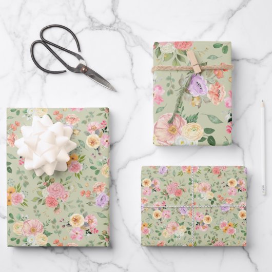 Zomer Boho Bloemen op Gin Green Inpakpapier Vel (Voorkant)