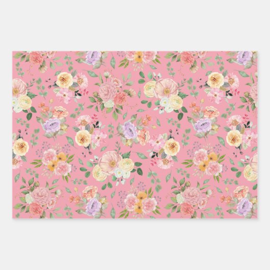 Zomer Boho Bloemen op Roos Roze Inpakpapier Vel (Voorkant 2)