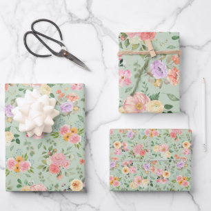 Zomer Boho Bloemen op Sage Green Inpakpapier Vel