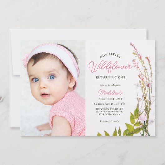 Zomer boho wildflower script foto 1e verjaardag kaart (Voorkant)