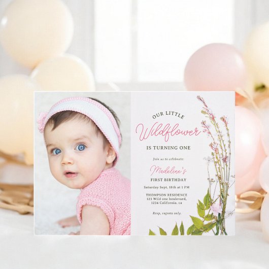Zomer boho wildflower script foto 1e verjaardag kaart