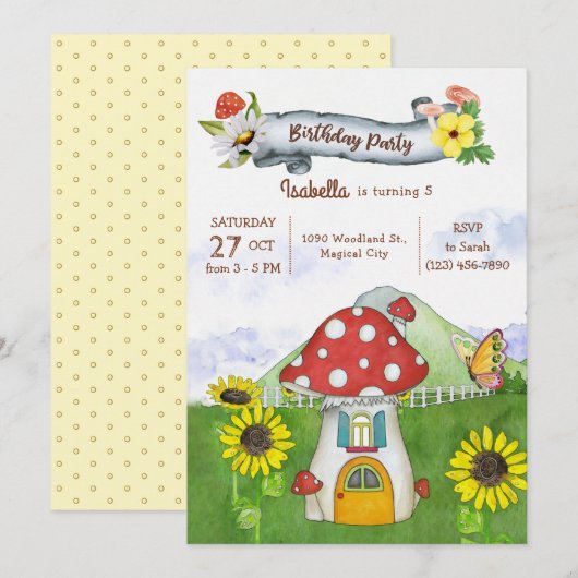 Zomer Bos Paddenstoelenhuis Whimsische Verjaardag Kaart (Voorkant / Achterkant)