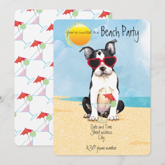 Zomer Boston Terrier Beach Party Uitnodiging (Voorkant / Achterkant)