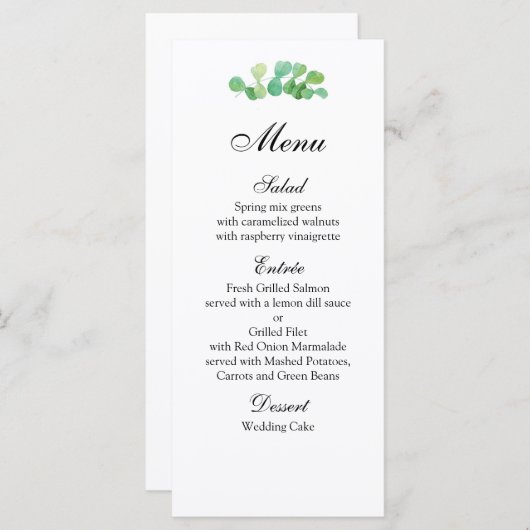 Zomer bruiloft menu botanisch. Groen dinermenu (Voorkant / Achterkant)
