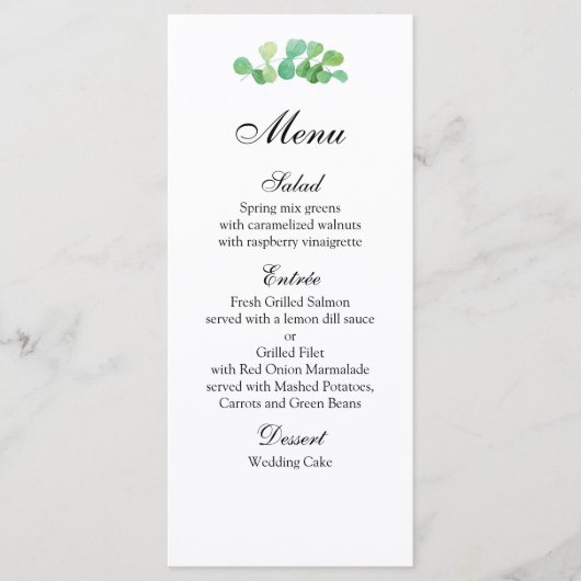 Zomer bruiloft menu botanisch. Groen dinermenu (Voorkant)