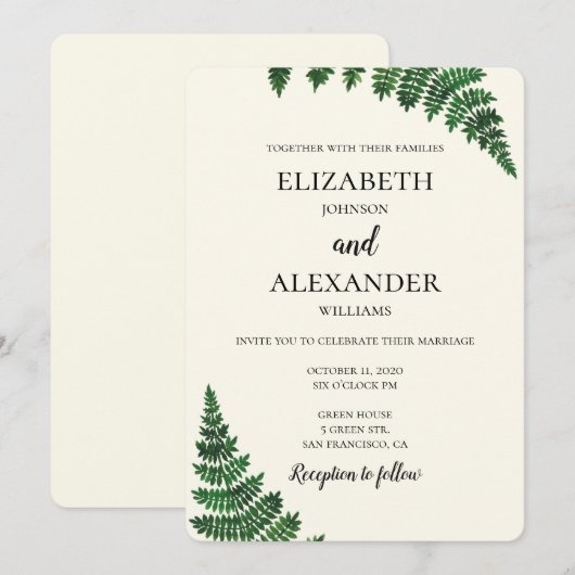 Zomer bruiloft uitnodiging. Groene varen uitnodige Kaart (Voorkant / Achterkant)
