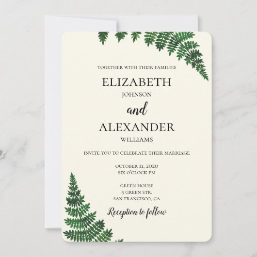 Zomer bruiloft uitnodiging. Groene varen uitnodige Kaart (Voorkant)