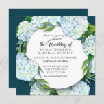 Zomer Bruiloft Witte Hydrangea Bloemen Peacock Bla Kaart<br><div class="desc">Tijdloos. Classic. Romantische bruiloft uitnodiging suite met hortensia bloemenontwerp werd met de hand geschilderd in acryl op doek door Audrey Jeanne Roberts. Achtergrond is een dieprijke pauwenblauw (en kan worden veranderd). Auteursrecht.</div>