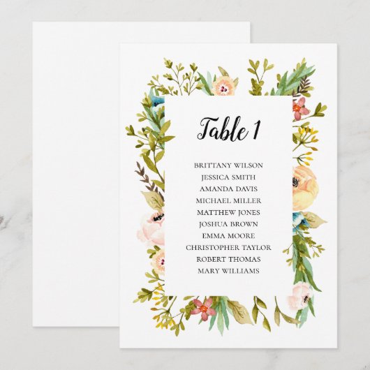 Zomer bruiloft zitplaatskaart. Bloemen tafelplan Kaart (Voorkant / Achterkant)