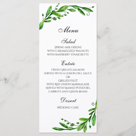 Zomer bruiloftsmenu buiten. Groen diner menu (Voorkant)