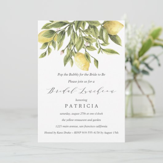Zomer citroenen en bladeren bruiloft bruids lunch kaart (Staand voorkant)