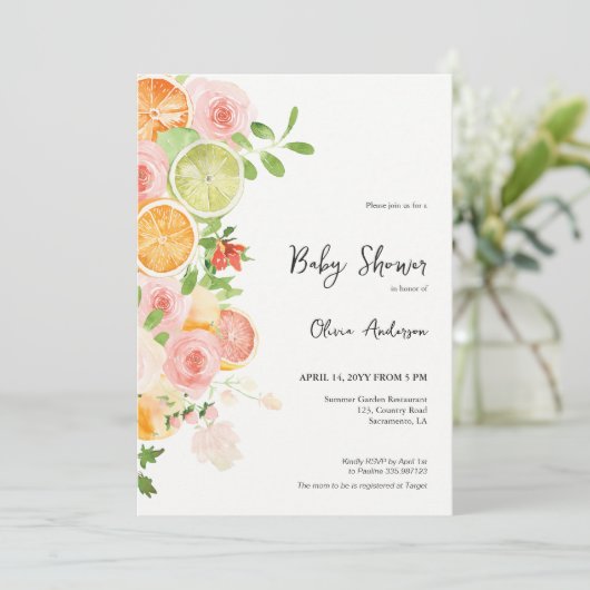 Zomer Citrus Baby shower Brunch Uitnodiging (Staand voorkant)