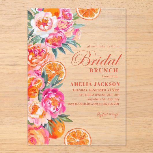 Zomer Citrus & Bloemen Sinaasappel Vrijgezellenfee Acryl Uitnodigingen (Voorkant)