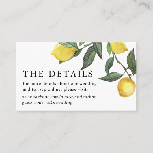 Zomer Citrus Citroen groen Bruiloft Website Informatiekaartje (Voorkant)