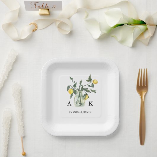 Zomer Citrus Citroen groen Monogram bruiloft Papieren Bordje (Huwelijk)