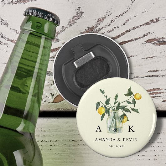 Zomer Citrus Citroen Groene Initialen Bruiloft Button Flesopener