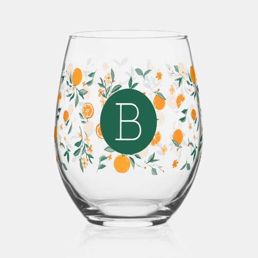 Zomer Citrus Sinaasappels & Foliage Monogram Wijnglas Zonder Voet (Voorkant)