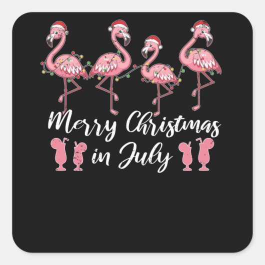 Zomer Cocktail Vrolijk Kerstfeest in juli Flamingo Vierkante Sticker (Voorkant)