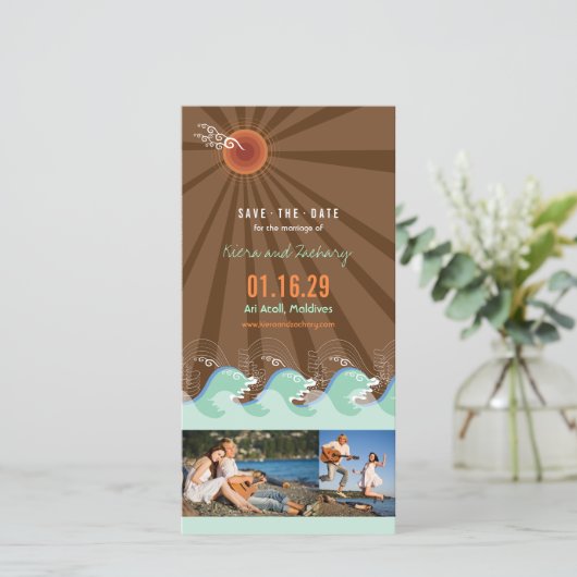 Zomer Cool Aqua Waves En Bruin Zonnestrand Foto Save The Date (Staand voorkant)