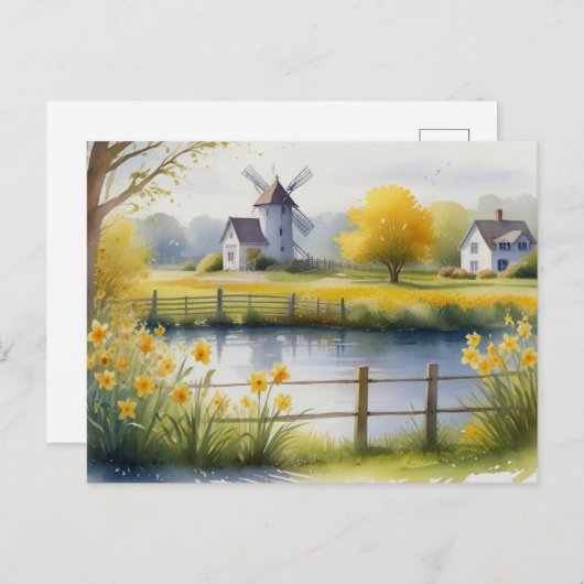 Zomer Daffodils Natuur Huis Briefkaart Waterverf (Voorkant / Achterkant)