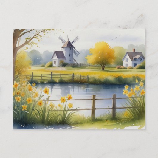 Zomer Daffodils Natuur Huis Briefkaart Waterverf (Voorkant)