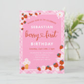 Zomer Daisy & Aardbei Berry Eerste Verjaardag Kaart (Staand voorkant)